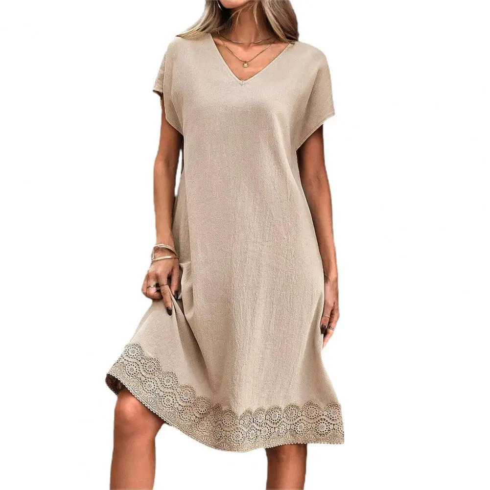 

Vintage Summer Women Dress Short Sleeve Loose Lace Patchwork Pure Color Knee Length Pullover Midi Dress