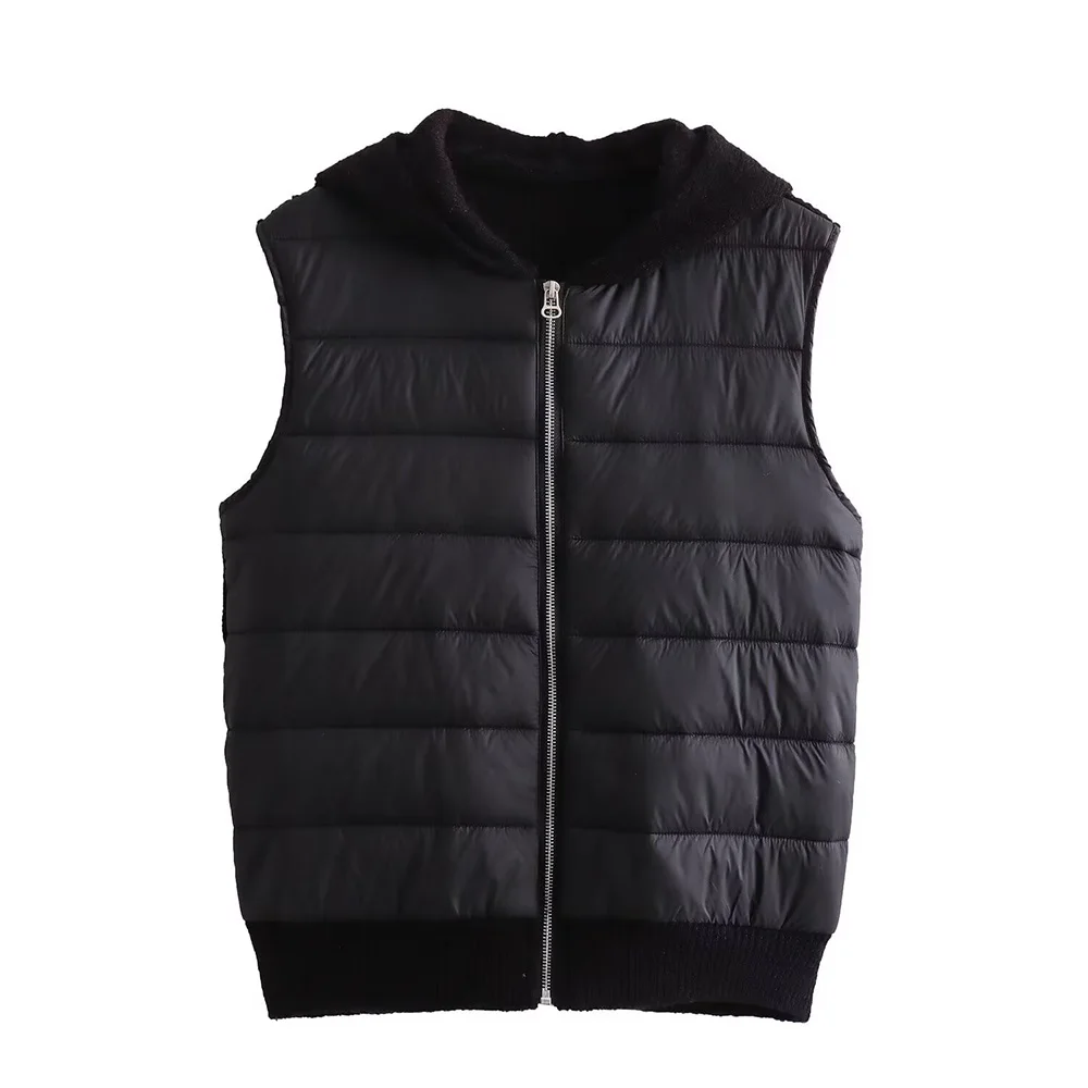 Autumn and winter new fashionable women's clothing casual elegant design sense striped cotton yarn splicing hooded vest