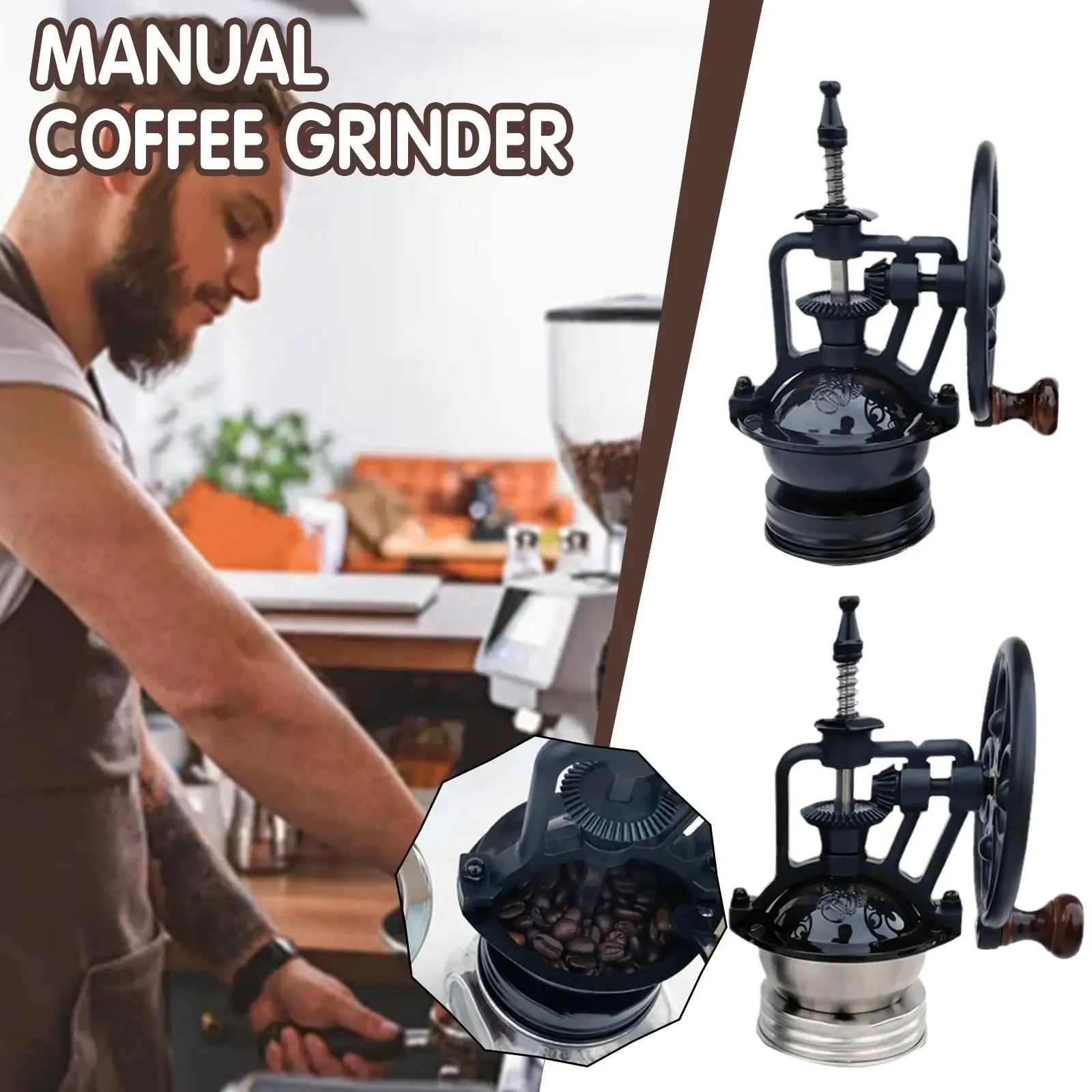 Retro Wooden Manual Coffee Bean Grinder Cast Iron Handmade Adjustable Hand Tool Home Mill Grinder Maker Coffee Machine W6J0