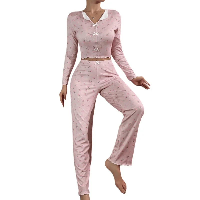 

Flower Print Pajamas Two Piece Set Women Casual Home Clothes Short Long Sleeve Tops High Waist Trousers 2 Piece Sets Female New