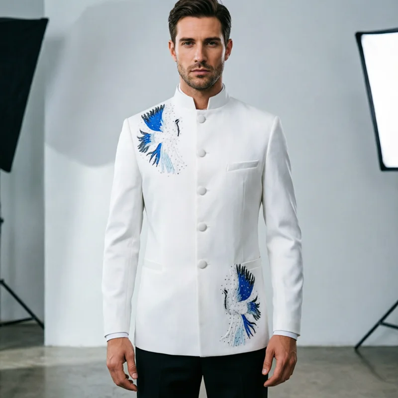 New Chinese Style Embroidered Suit Stand Up Collar Jacket Mens Clothing Fashion Singer Host Stage Performance Dress Blazer Coat