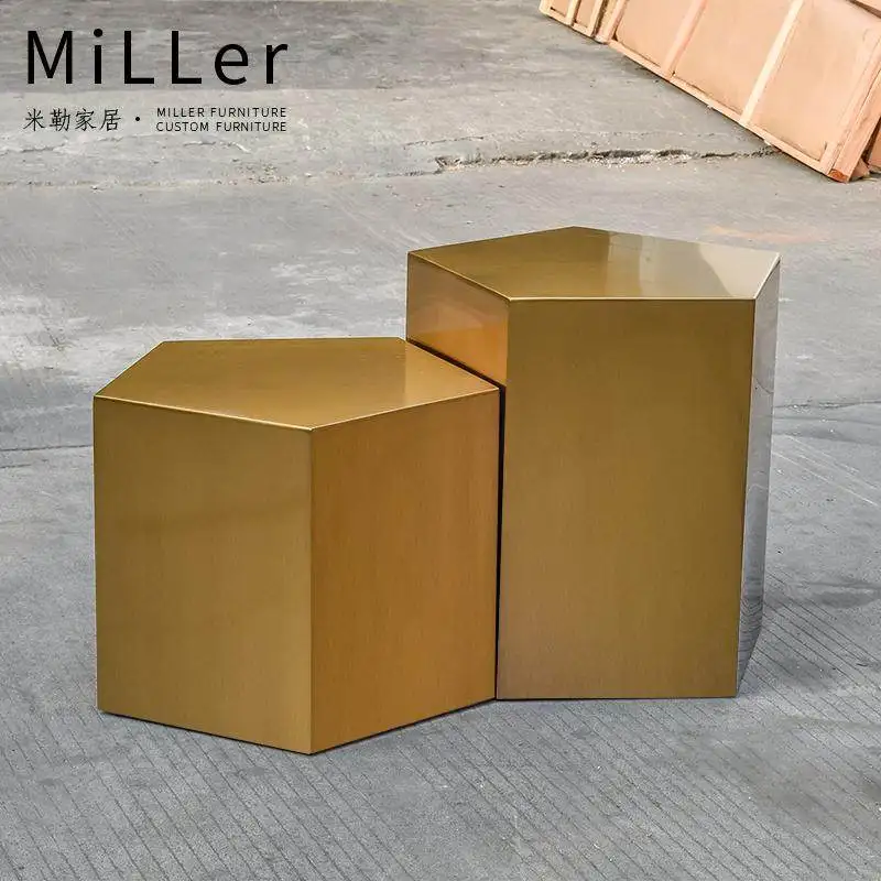 Simple stainless steel brushed electroplated geometric cube pentagonal small coffee table, simple design combination coffee