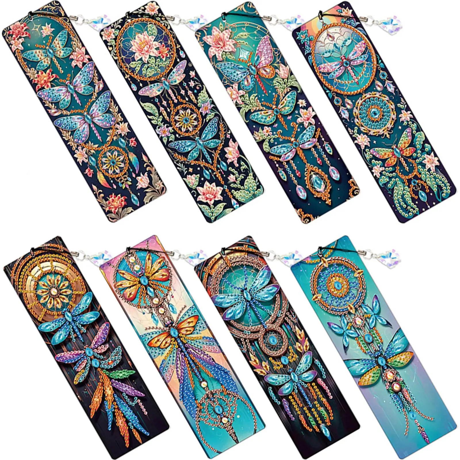 

8Pcs DIY Dragonfly Diamond Painting Art Bookmarks with Crystal Pendants for Gift