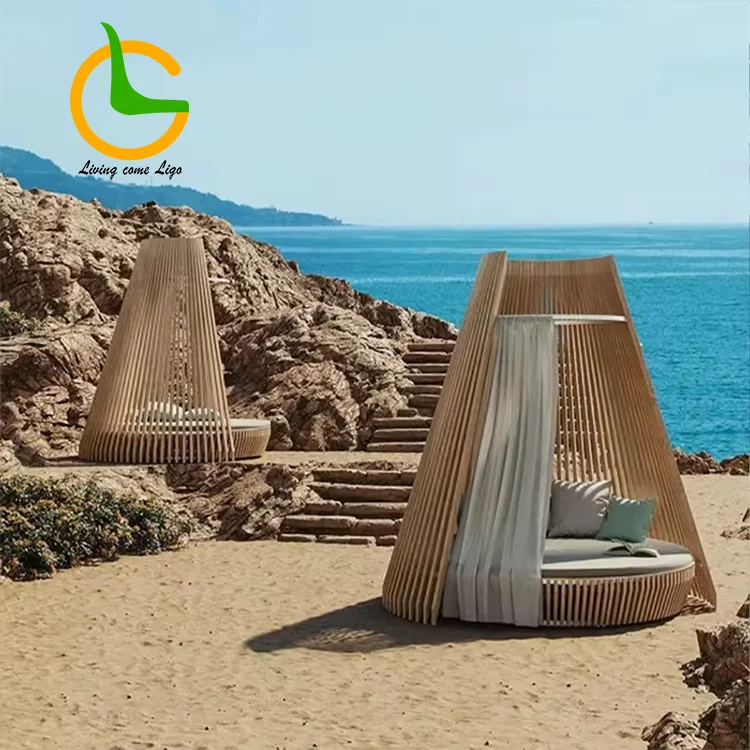 Camping Sun Lounge Bed Teak Outdoor Lounge Ottoman Pool Leisure Sofa Bed Waterproof Quick Drying Sun Bed Wooden