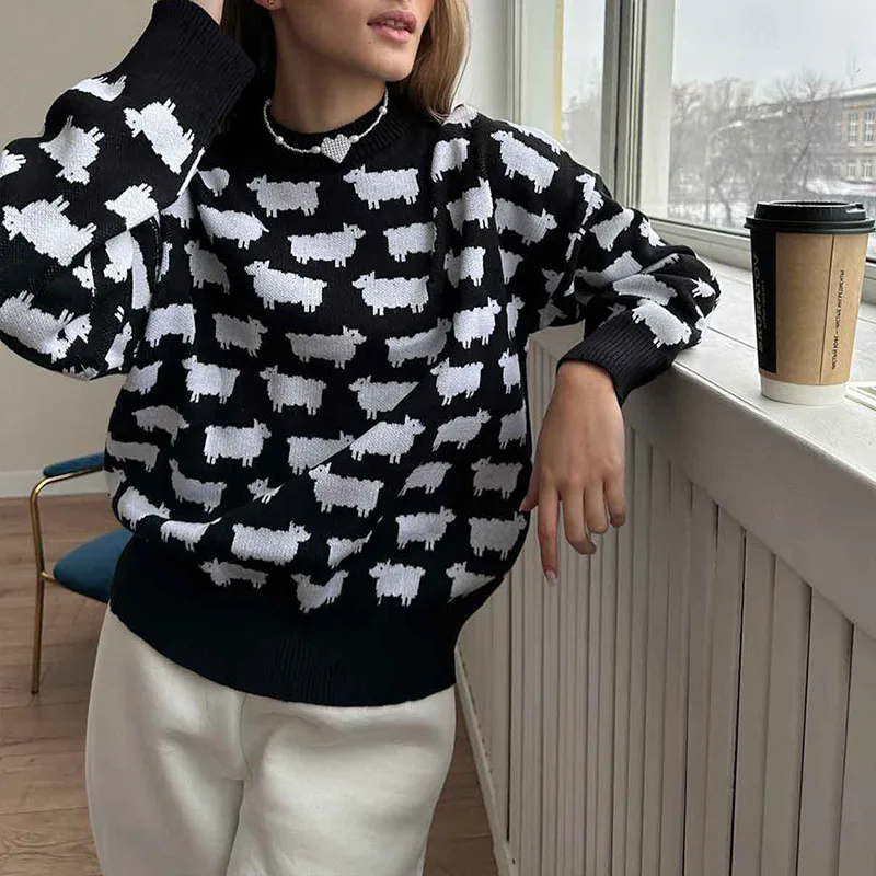 

Autumn Fashion Crew Neck Knit Pullover Winter 2024 Animal Print Thickness Sweater Elegant Women Long Sleeve Office Slim Jumper