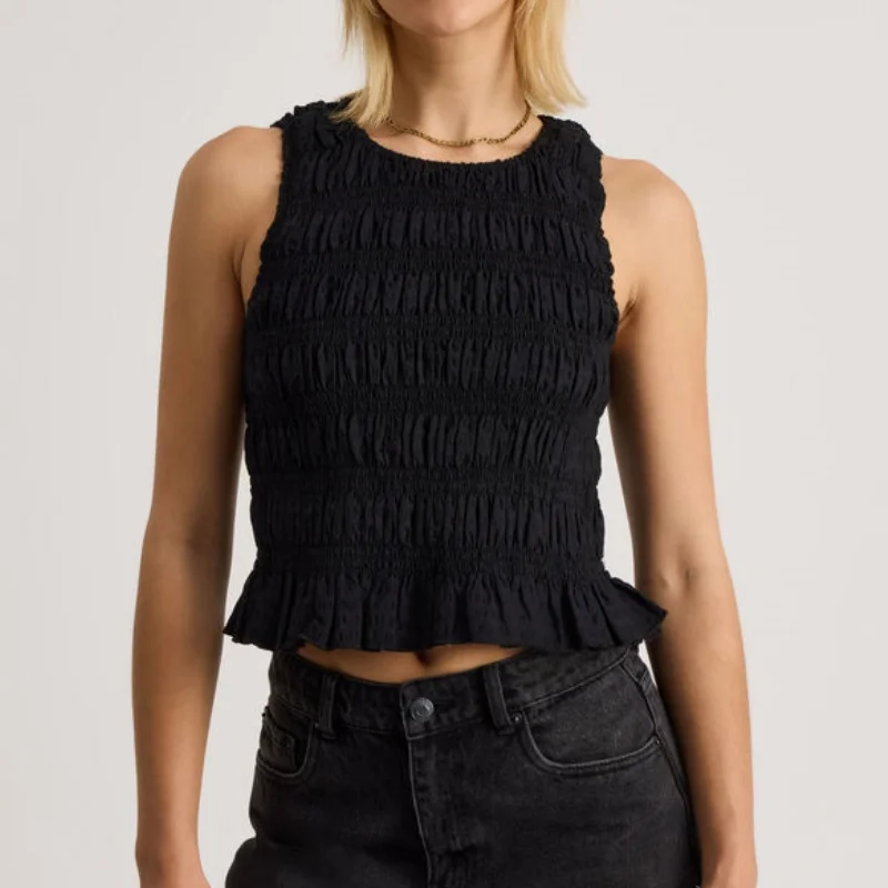 여성 Y2k 깅엄 스모크 탱크 탑 여름 민소매 프릴 밑단 셔링 셔츠 외출 탑 휴가 비치 의상