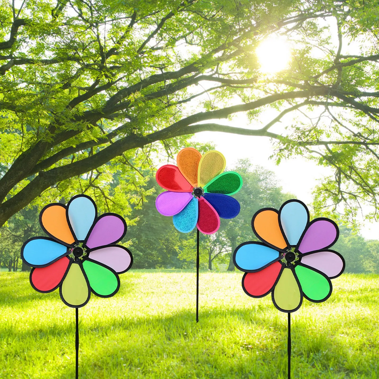 New Colorful Rainbow Flower Spinners Wind Windmill Garden Yard Outdoor Decor Sparkly Pinwheels For Yard Scare Birds Away - view 4
