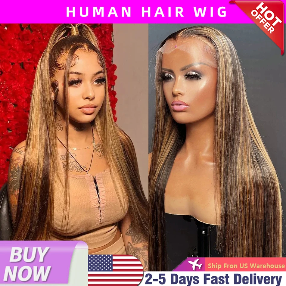 13x6 Highlight Lace Front Wig Парик из натуральных волос 30 40 дюймов Bone Прямой парик фронтальной части шнурка 200 Плотность Цветной предварительно выщипанный парик шнурка