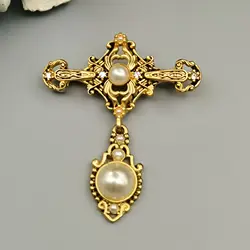 Vintage Baroque Jewelry Women's Cross Pearl Matte Brooch Pin