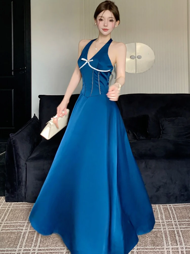 Abito lungo sexy estivo in raso blu chic con fiocco al collo 2025 Abito coreano vintage di lusso da donna Elegante abito internazionale chic