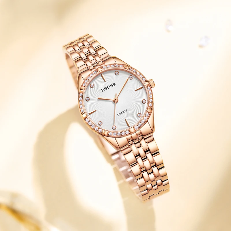 Fashion Women Luxury Diamond Bracelet Rose Gold Ladies Japan Quartz Watch waterproof Wristwatch EBOHR Shiny Crystal Reloj Mujer