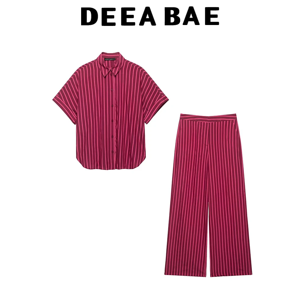 DEEABAE Autumn collar rolled edge short sleeved button up shirt high waist long striped wide leg pants set