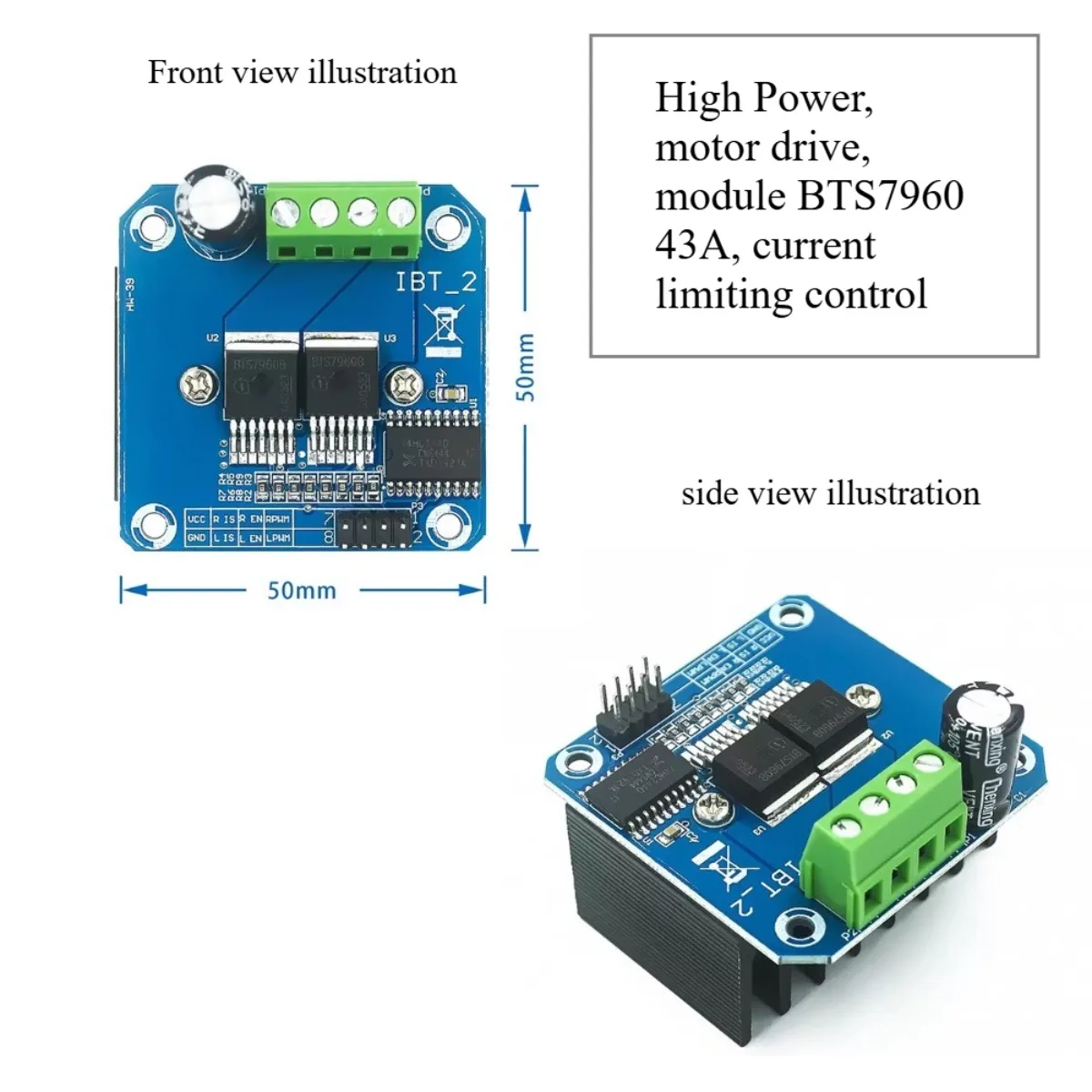 High-power smart car motor drive module BTS7960 43A semiconductor refrigeration drive for