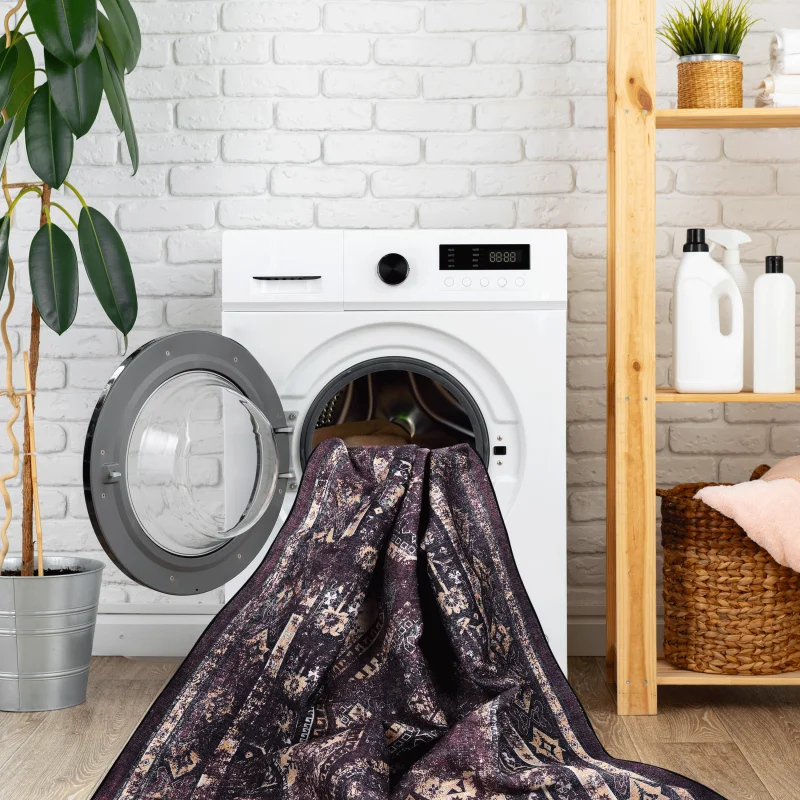 NAAR MAVAL Alfombra lavable color burdeos Alfombra de área 9x12 (Negro+Borgoña, 9'x12')