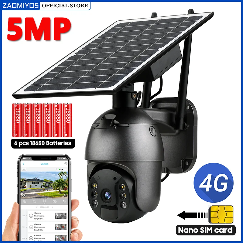 ZAOMIYOS 5MP 4G SIM Card slot 360 8W Solar Camera PTZ Outdoor PIR Detection Night Vision CCTV battery powered Security IP Camera