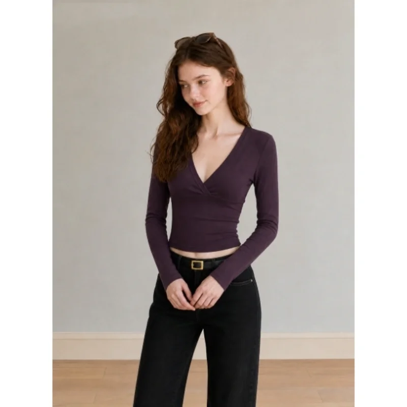 Elegant Deep V-Neck Low Chest Cross Long Sleeve T-Shirt Women Early Autumn Correct Shoulder Slimming Base Top