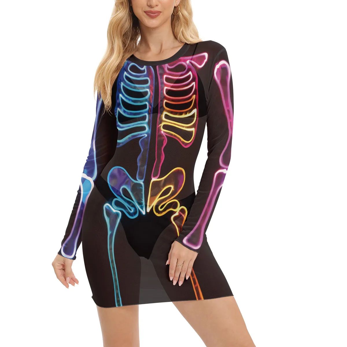 Nightclub Skeleton Dress Women Sexy Mini Mesh Dress Halloween Cosplay Robe Funny Carnival Breathable Outfit Music Festival Gown