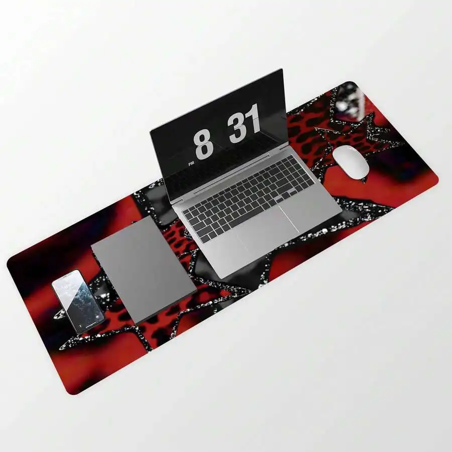 Extended XL Mouse Pad Dark Red Leopard Cheetah Star Art Non-Slip Stitched Edge Gaming Desk Mat Keyboard Pad