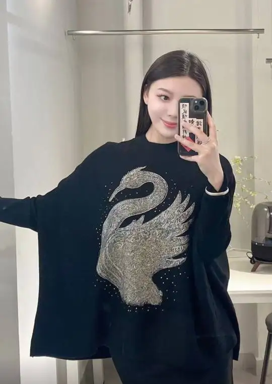 Women Black Sweater Top Chinese Style Royal Loose Wool Embroidery Floral Knit Coat Elegant Lady Female M-XXXL