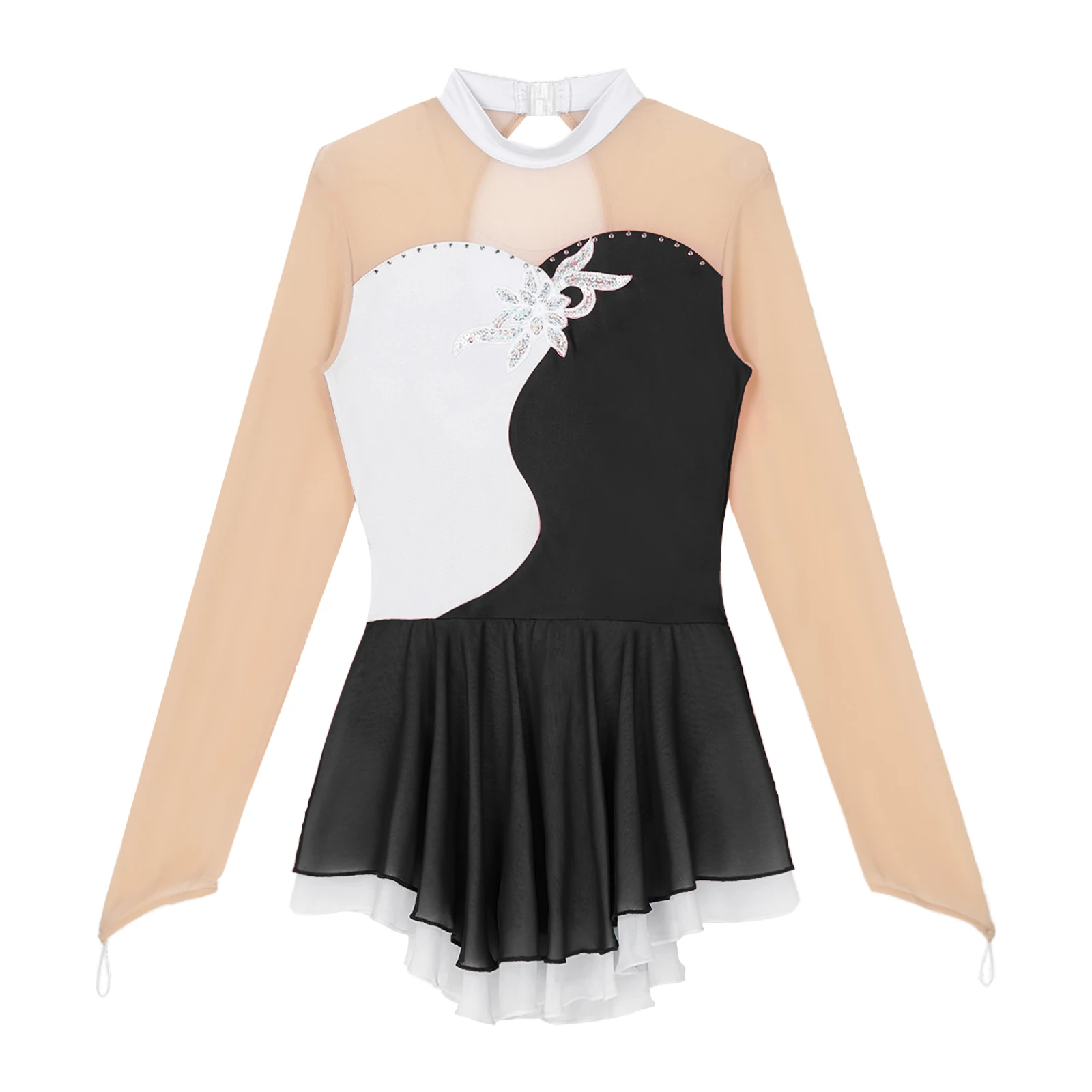 Women Long Sleeve Figure Skating Clothes Lady See-through Mesh Shiny Sequin Ballet Dance Leotard Dresses Performance Dancewear