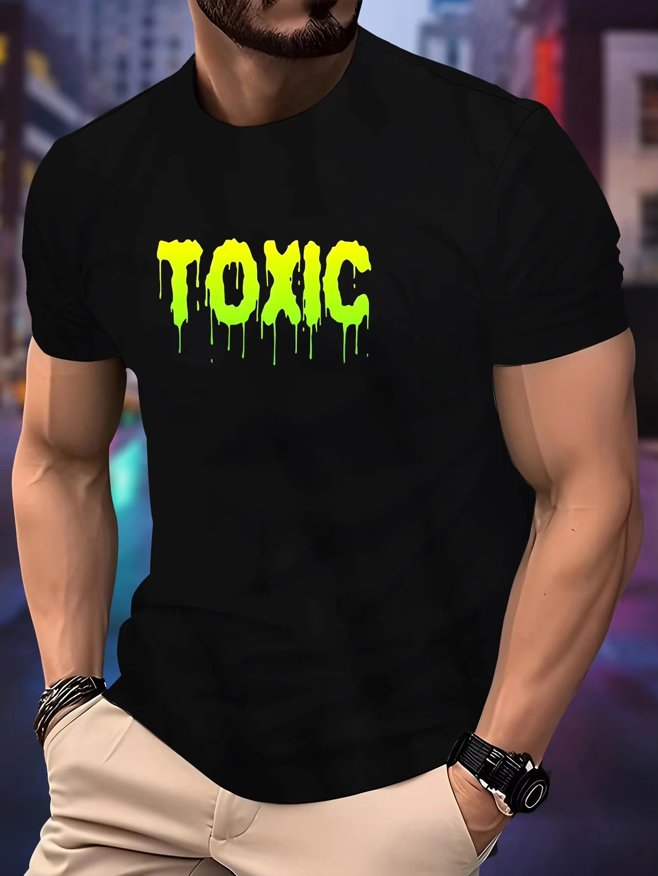 New Men's Jogging T‑Shirt, Spring Summer Thin TOXIC Letter Print 100% Cotton Short Sleeve, Breathable Fitness Sports Top