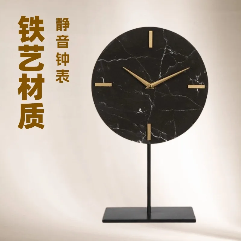 Wrought iron base simple marble table clock hotel rooms creative clock living room decoration light luxury ornament table clock