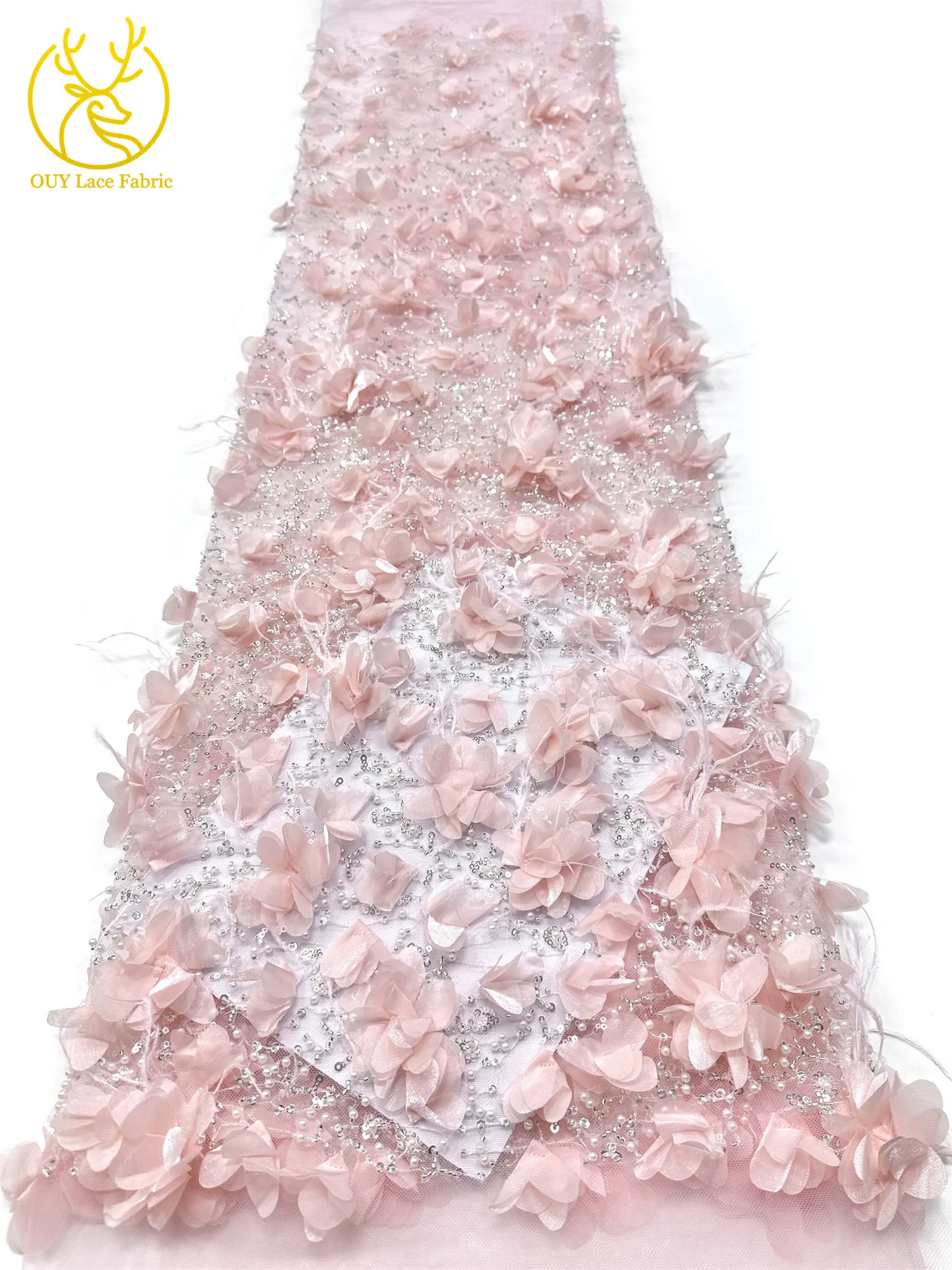 Eleganter handgefertigter 3D-Applikations-Spitzenstoff 2026, hochwertige französische Pailletten-Tüllspitze für Hochzeits- und Partykleider, 5 Yards – Detail 15