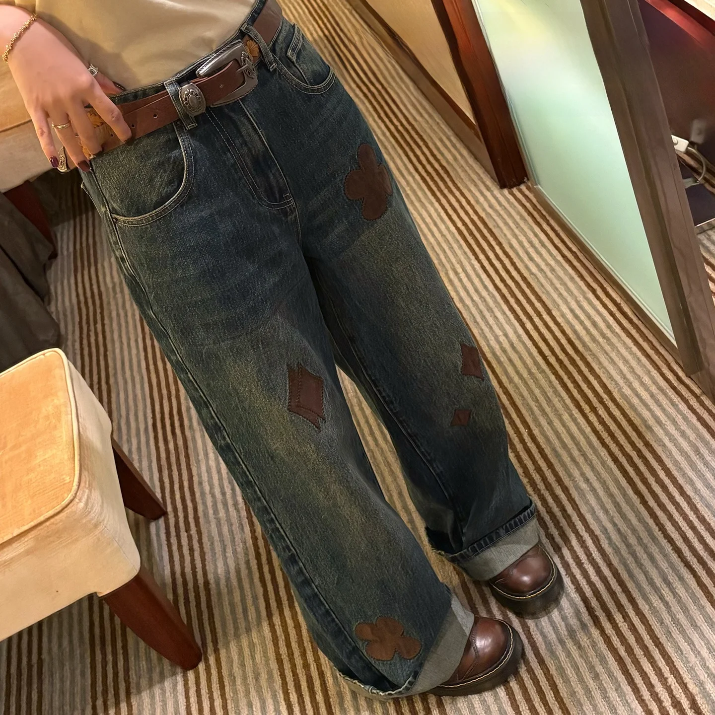 

Vimas Heavy Industry Suede Patchwork Embroidery Vintage Style Jeans Belt American Style Natural Waist Straight Leg Micro Stretch