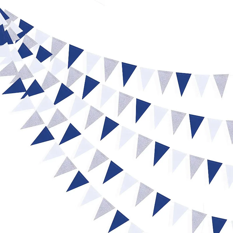 4Pcs Navy Blue White Giltter Silver Paper Triangle Flags Banner Garlands Backdrops for New Year Birthday Graduation Decorations