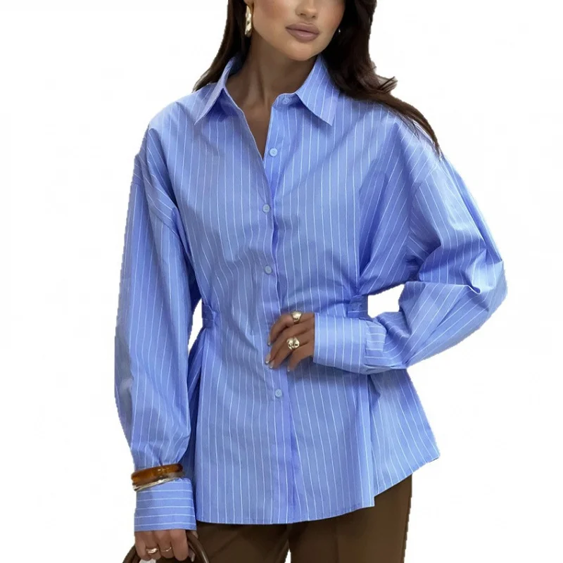Vintage Style Woman Blouses Featuring Asymmetrical Striped Pattern Press Pleated Waist Elegant Clothing Long Sleeve Work Shirt