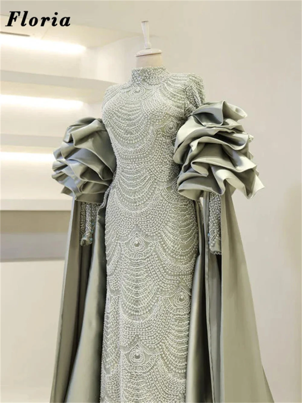 Midden-Oosten Lange Mouwen Avondjurken Elegante Dubai Kralen Verjaardagsfeestje Jurk Overrok Lange Trein Prom Jassen Aangepast