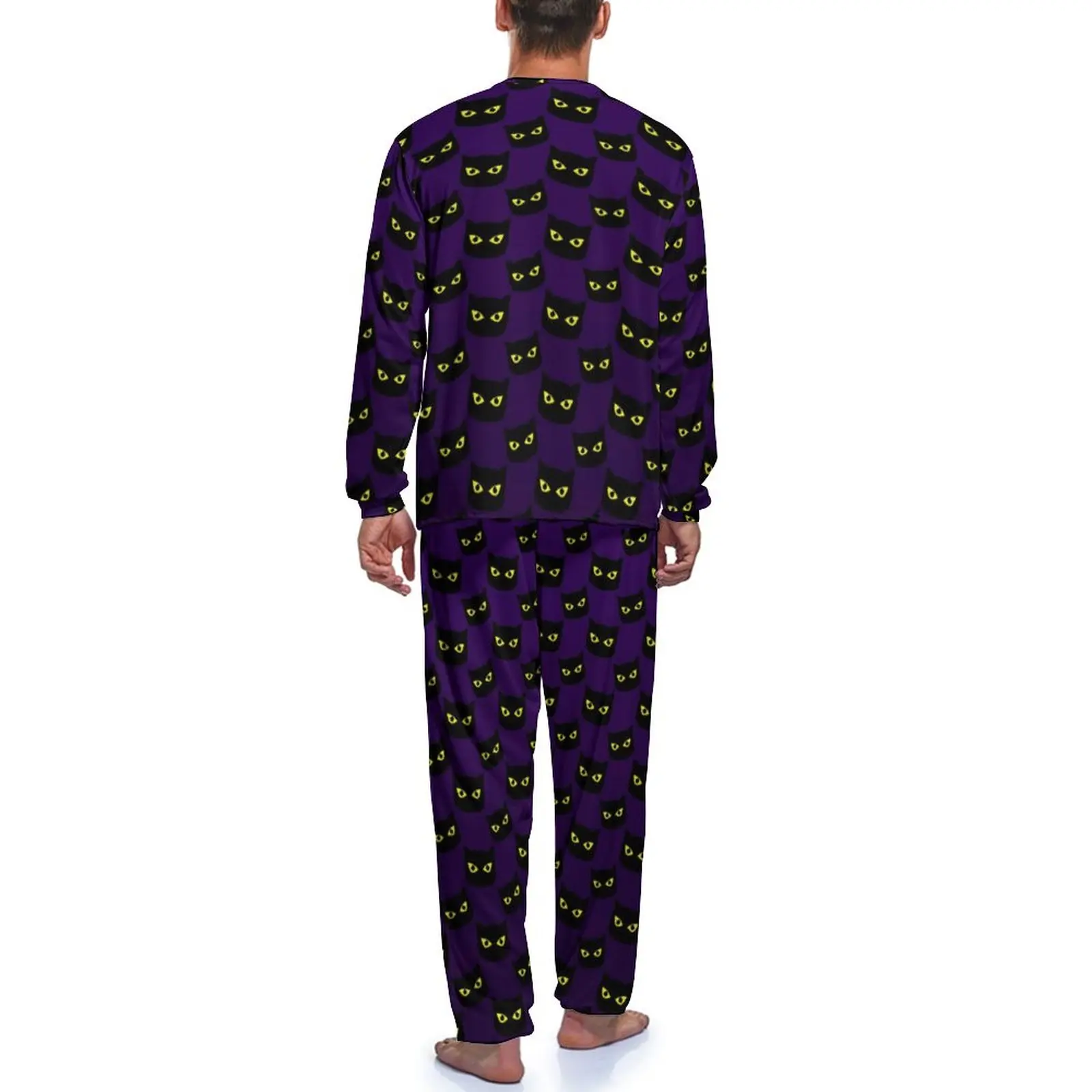 Black And Purple Cats Pajamas Mens Halloween Print Kawaii Home Suit Autumn Long Sleeve Two Piece Aesthetic Design Pajama Sets