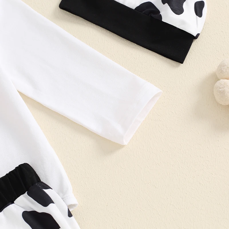 

Baby Three Piece Autumn Clothing Long Sleeved Cow Print Cute Cow Q-Version Jumpsuit+Pants+Hat Set Baby Three Piece Clothing