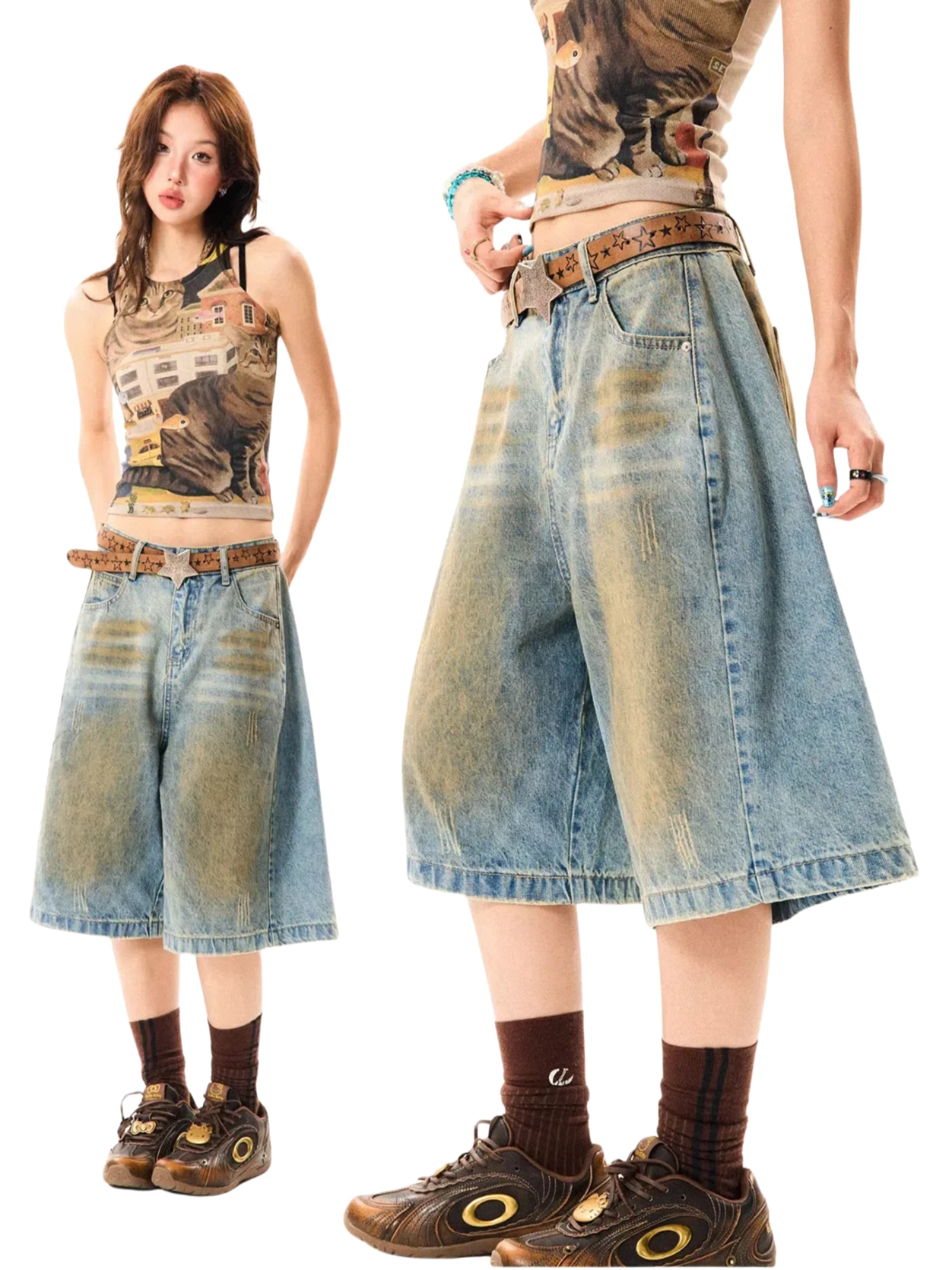 

Retro American Dirtied Denim Seven-Foot Pants Women Summer Loose Casual Straight Leg Wide-Leg Jeans orts Blue l Waist