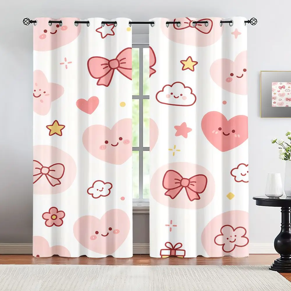 Pink Bow Heart Cartoon Printed Curtains 2 Panels Light Blocking Rate 85% Darkening Decoration Curtains Girly Bedroom Shade