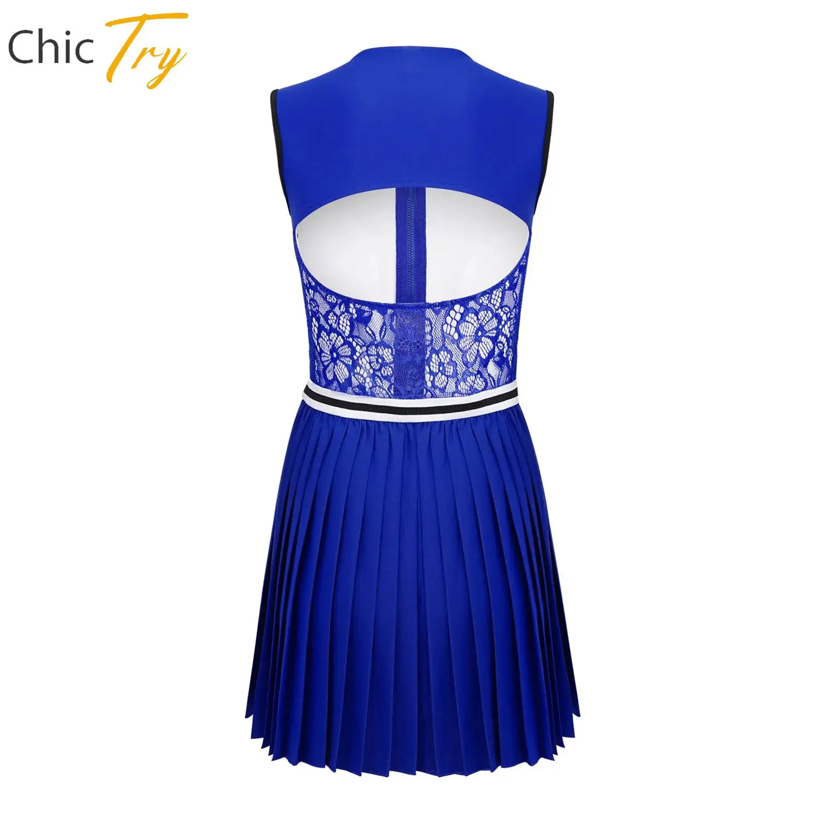 

Tennis Dress for Womens Lace Patchwork Badminton Golf Sports Dress Sleeveless Cutout Asymmetrical Pleated Dresses Active Wear