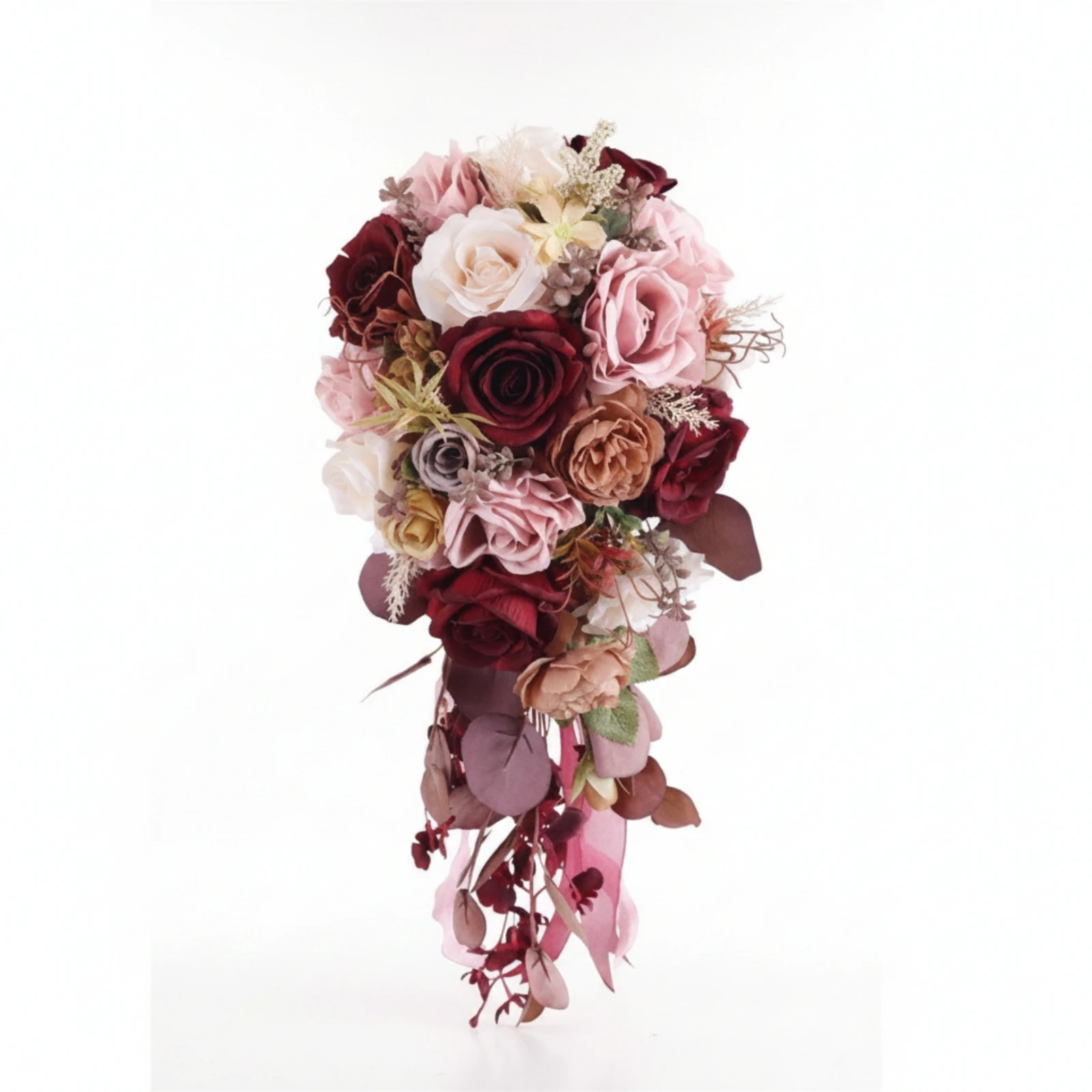 Cascading Teardrop Bridal Hand Bouquet Burgundy Cascading Rose Bouquet with Gathered Stem Keepsake-Style Long-Lasting for Brides