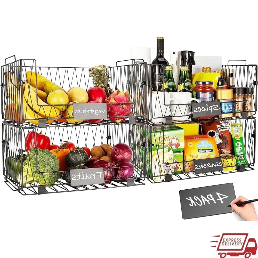

Кухонные корзины для хранения XXL, 4 шт., штабелируемые проволочные органайзеры с именными табличками, кладовая, фрукты, овощи, закуски, офисная организация