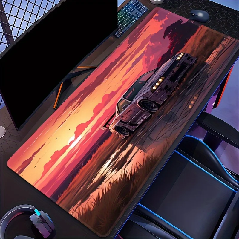 Vibrant Sunset Design Sunset Vintage Sports Car Large Gaming Mouse Pad - Non-Slip Rubber Base, Stitched Edges