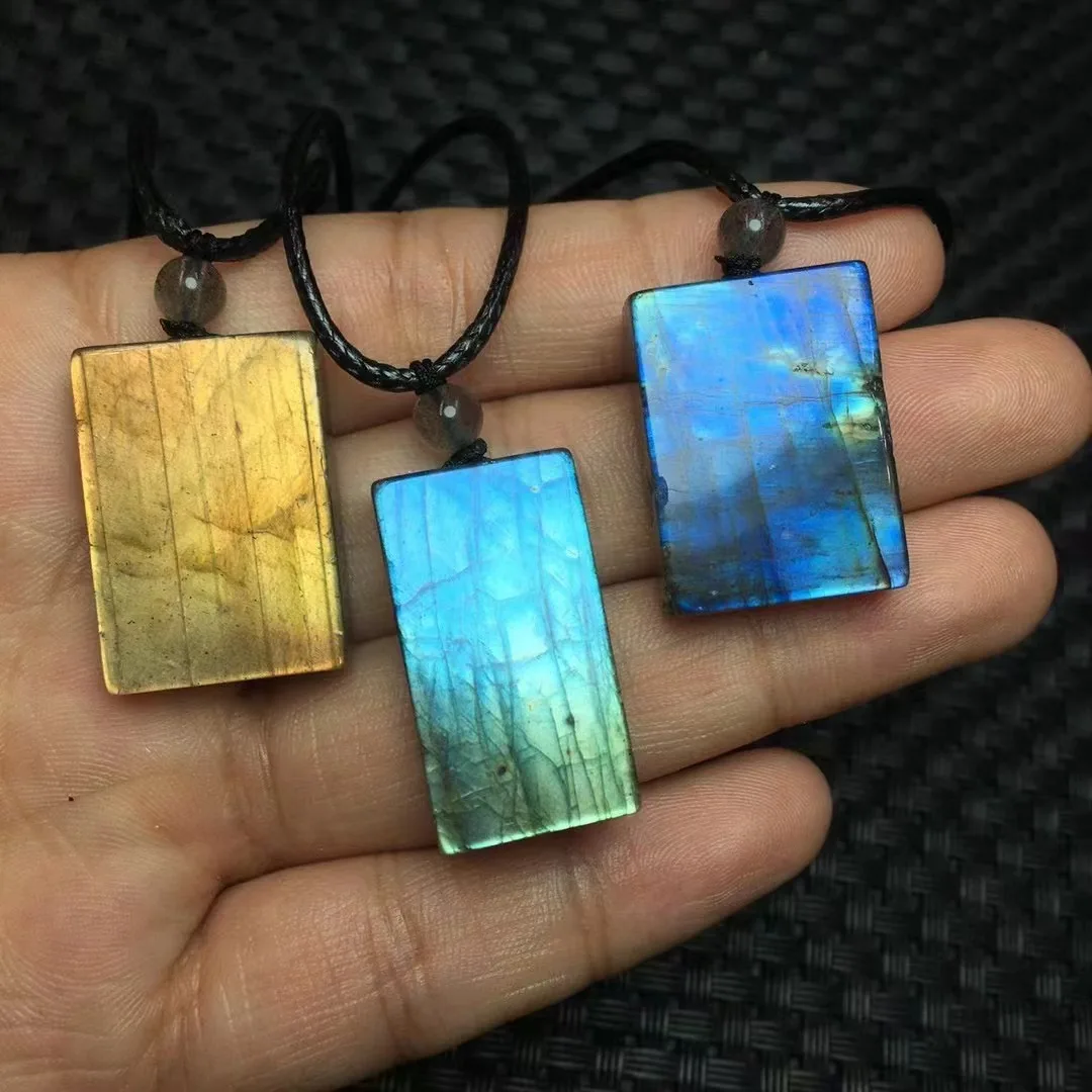 Unit One Piece Hot Wholesale Natural Labradorite Crystal Healing Plate Pendant With Leather Rope Special For Jewelry Gift