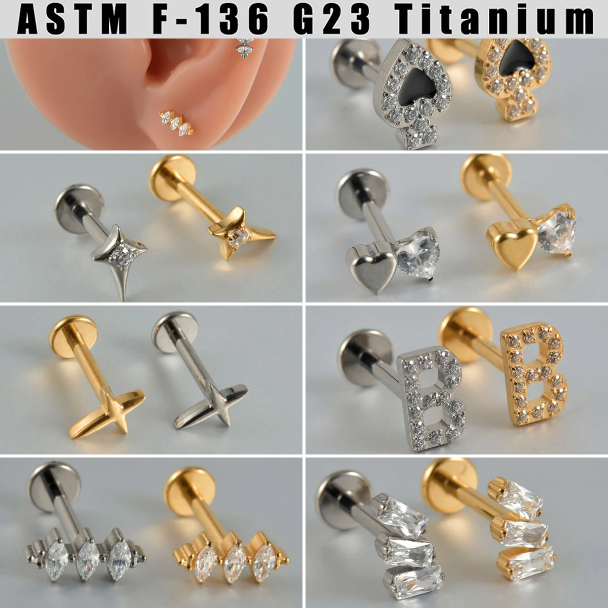 1PC G23 Titanium Cartilage Zircon Heart B Shape Earrings Stud Internally Threaded Helix Cz Ear Tragus Labret Piercing Jewelry