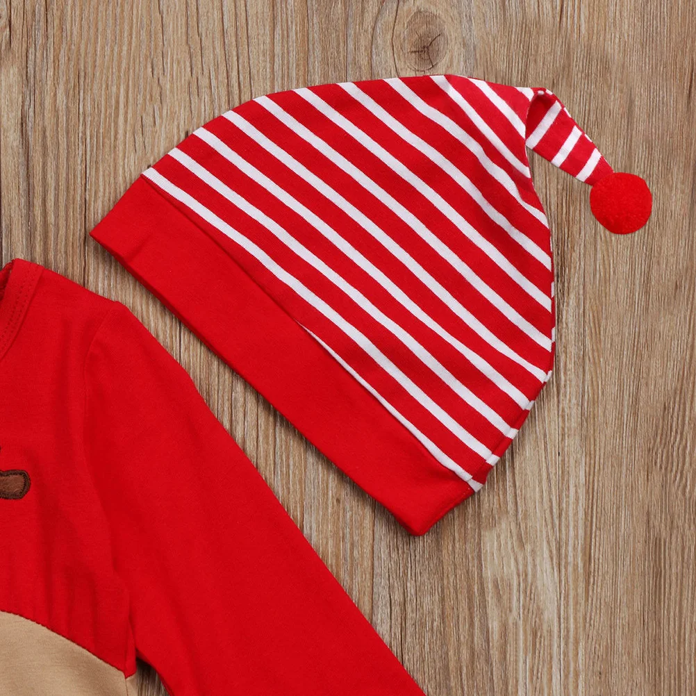 

Newborn Baby Boys Girls Christmas Long Sleeve Red Nose Cartoon Reindeer Pajama Jumpsuit Stripe Hat Bodysuit Set Suitable for 18-