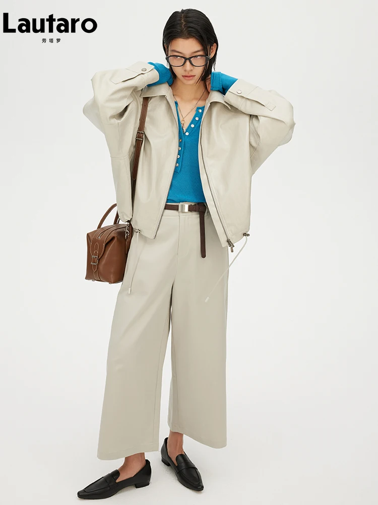 Chaqueta Corta de Cuero Sintético Verde para Mujer, Marca Lautaro, Primavera-Otoño 2026, con Cierre, Diseño de Lujo, Estilo Coreano Informal y Holgado