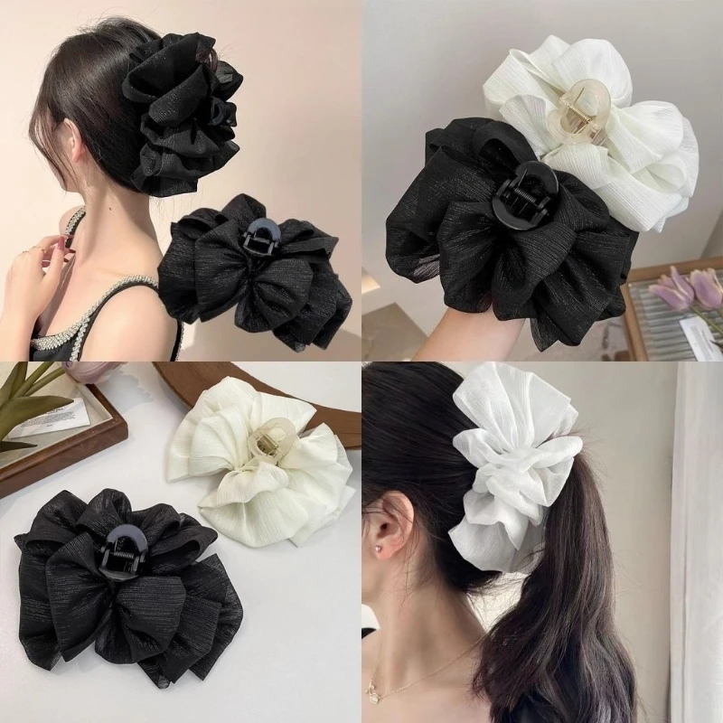 Large Black White Mesh Hair Clip Female Korean Sweet Cloud Pleated Shark Clip Hair Accessories