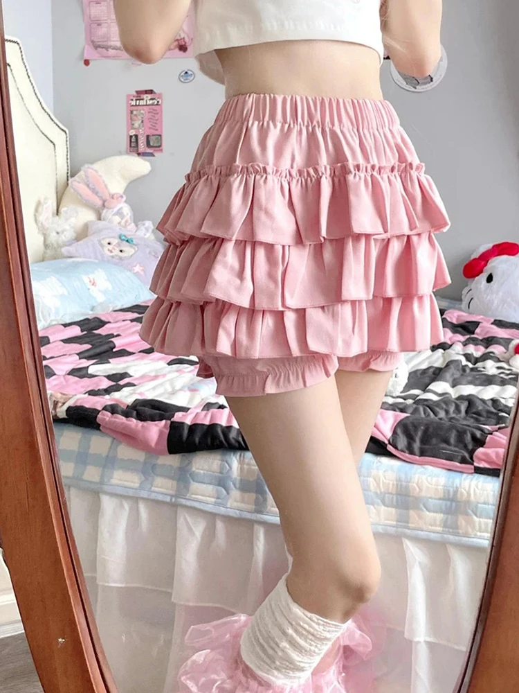 Y2K Süße Rüschen-Minirock für Damen, Kawaii Lolita Schleifenrock, A-Linie Röcke, Harajuku Japanischer Hochtaillierter Rosa-Weißer Ballkleid-Rock, Neu