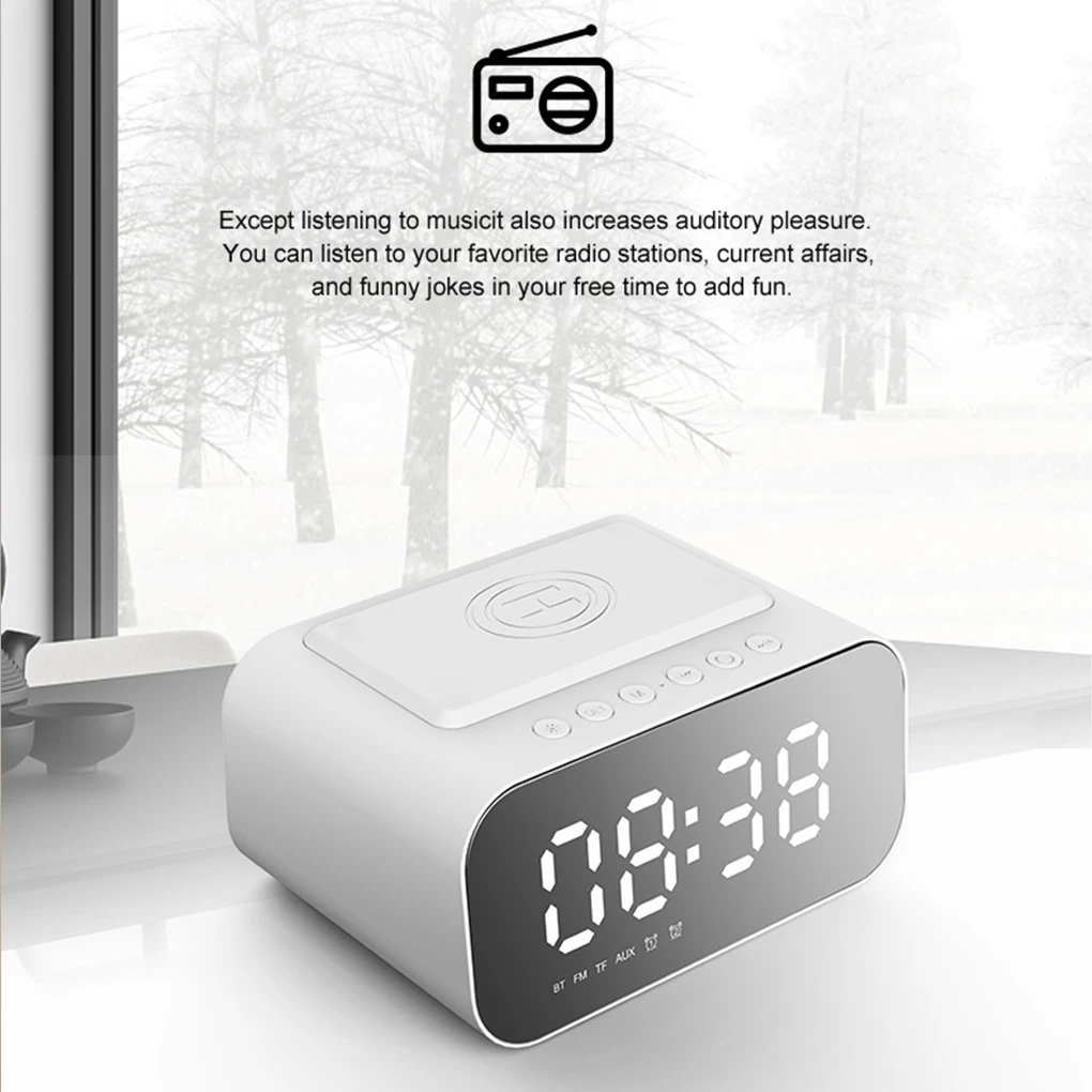 LED Digital Alarm Clock with Bluetooth Speaker Wireless Charging Mirror Bedroom Office Decor Table Screen Temperature FM Radio