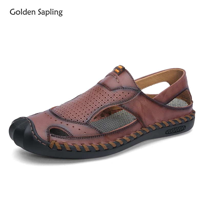 Golden Sapling Breathable Men\'s Sandals Genuine Leather Summer Shoes Leisure Loafers Casual Flats Fashion Casual Sandals for Men