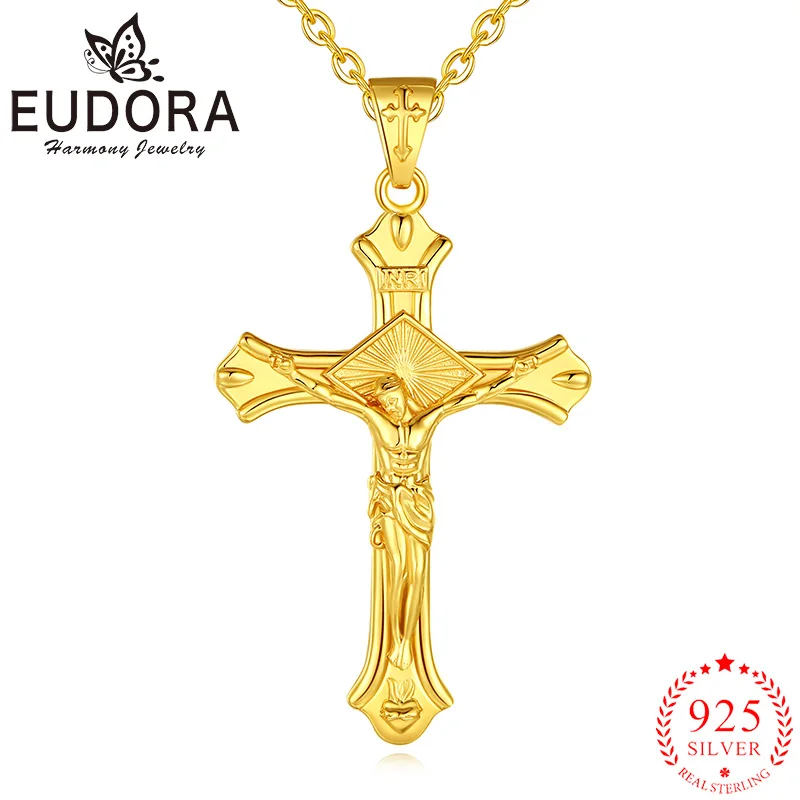 

Eudora 925 Sterling Silver Crucifix Cross Necklace 18K Gold Jesus Amulet Pendant Christian Jewelry Men Women Personality Gift