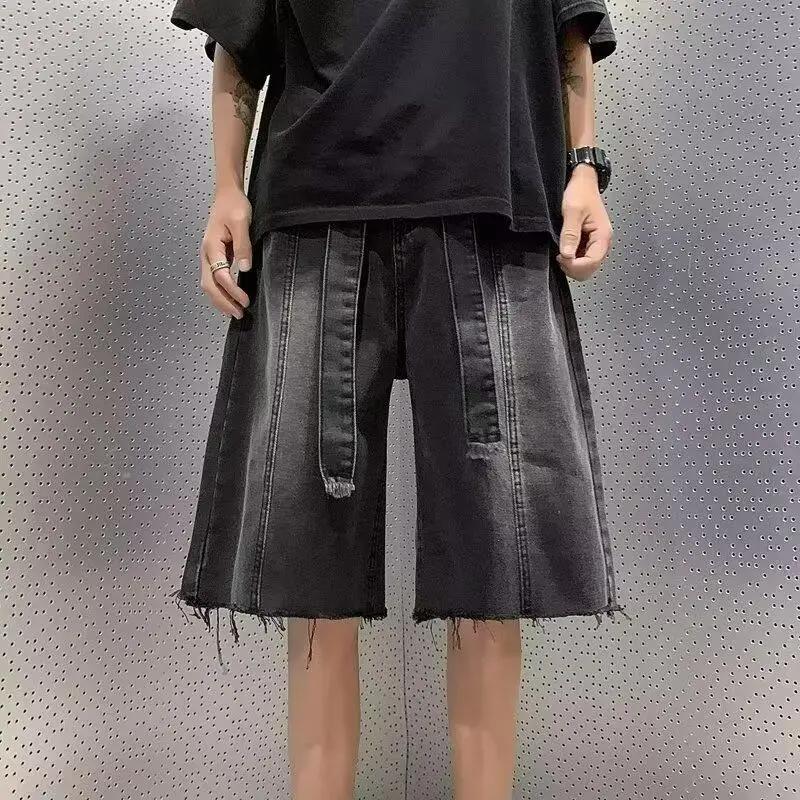 

Мужские летние винтажные американские джинсовые брюки High Street Trend, свободные широкие брюки с пятью очками, прямые повседневные джинсы