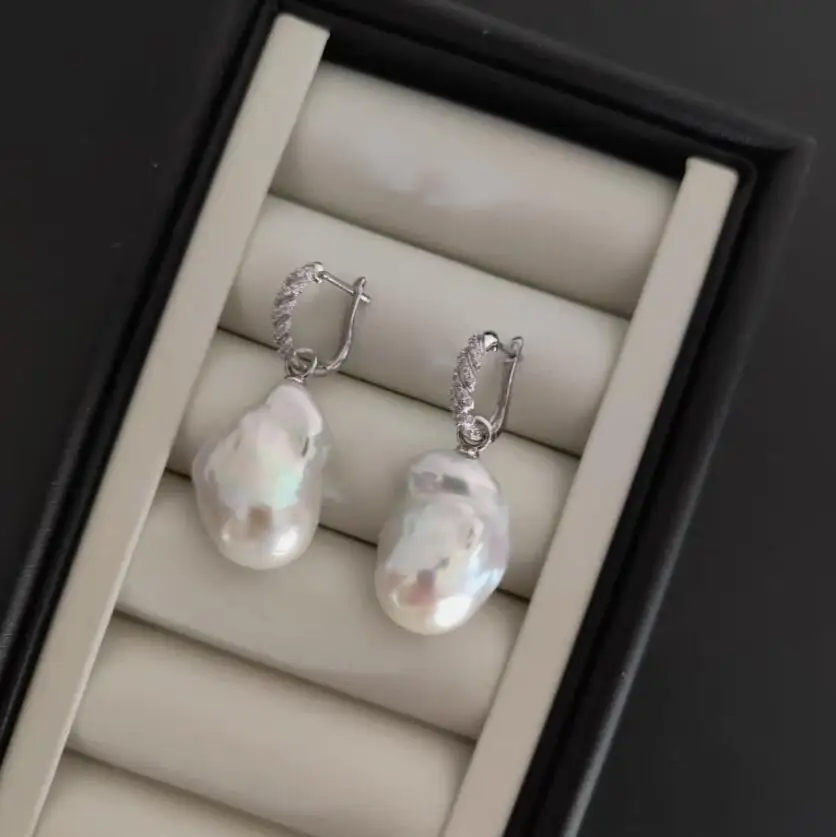 Charming huge Baroque 17-20mm south sea white pearl earring 925 silver